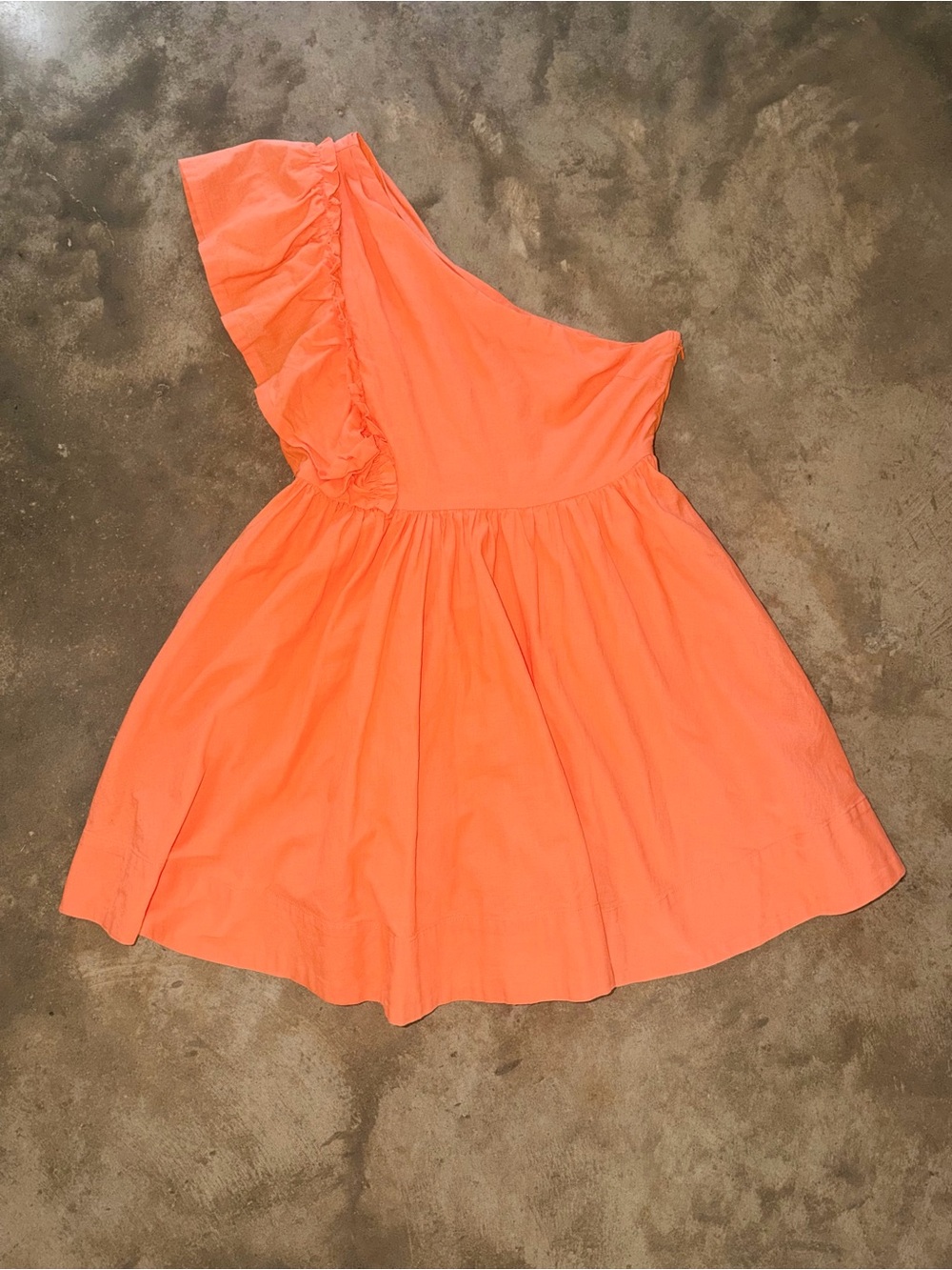 MABLE Orange One Shoulder Ruffle Cotton Linen Mini Dress L Preppy